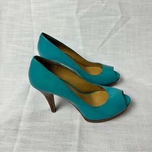 Y2K Nine West Leather Teal Peep-Toe Heels
